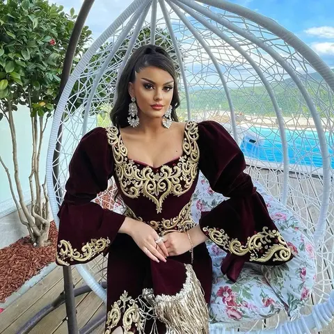 Vinröd Marockansk Kaftan Formell Aftonklänning Sjöjungfru Långa Ärmar Applikationer Balklänningar Arabiska Festklänningar Anpassade 10 best sales Arabisk förlovningsklänning - №6