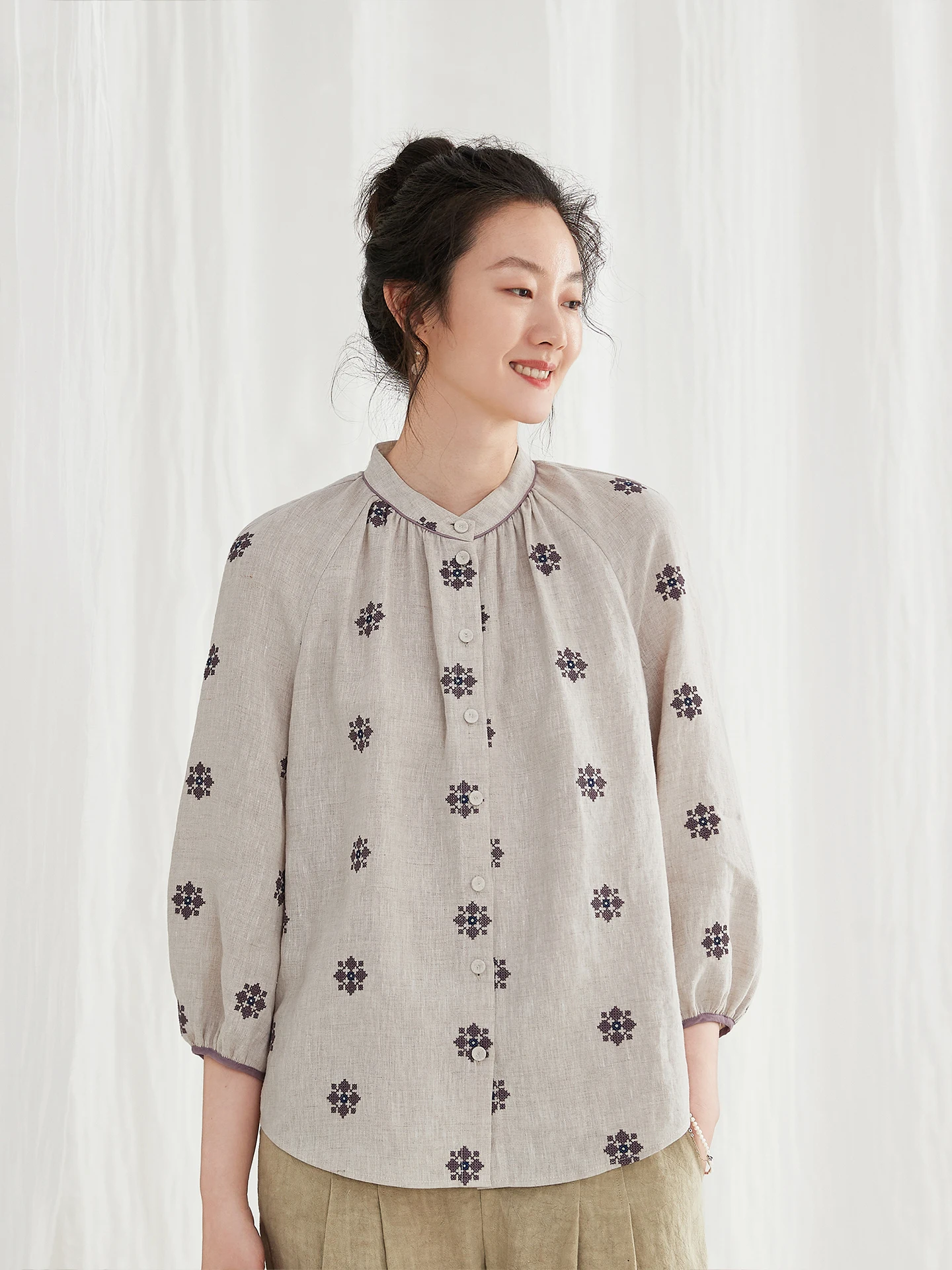 

Ruyi Original Chinese Style Embroidered Linen Shirt Women's Spring Simple Stand Collar Double Layer Shirt Top Seven Sleeve