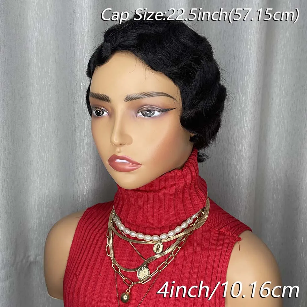 Krótka peruka pixie, naturalna czerń, włosy ludzkie, teksturowana, falowana, warstwowa peruka bob, wykonana maszynowo, dla czarnoskórych kobiet.