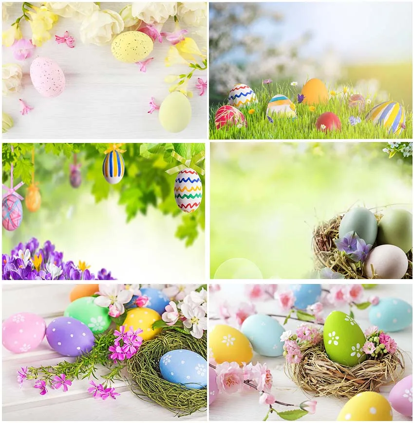 

Spring Photography Happy Easter Eggs Trees Green Grass Floral Baby Shower Backdrops Photocall Studio Photo Banner Backgrounds