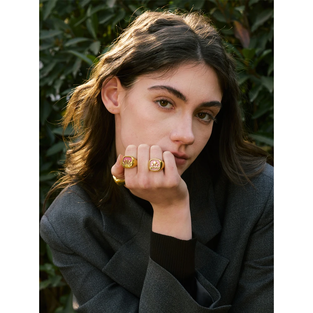 Yhpup Blue Pink Resin Stone Square Golden Wide Ring for Women Stainless Steel Exquisite Fashion Jewelry Recommend 2025