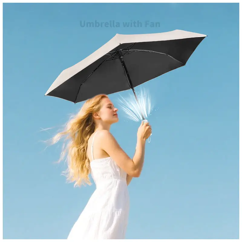 Portable Mini 6-Rib Three-Folding Manual Umbrella UV Rain Protection USB Charging Cooling Fan