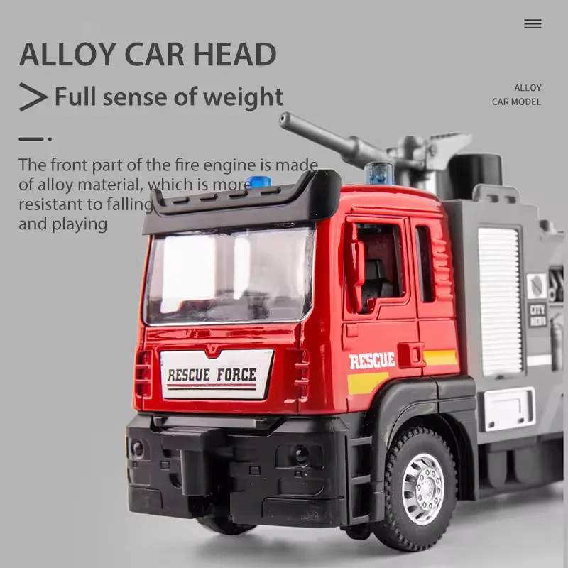 1:50 Fire Truck Diecast Alloy Sprinkler Toy with Light Music Water Simulation Spray Rescue Car Children\'s Toy Birthday Gifts