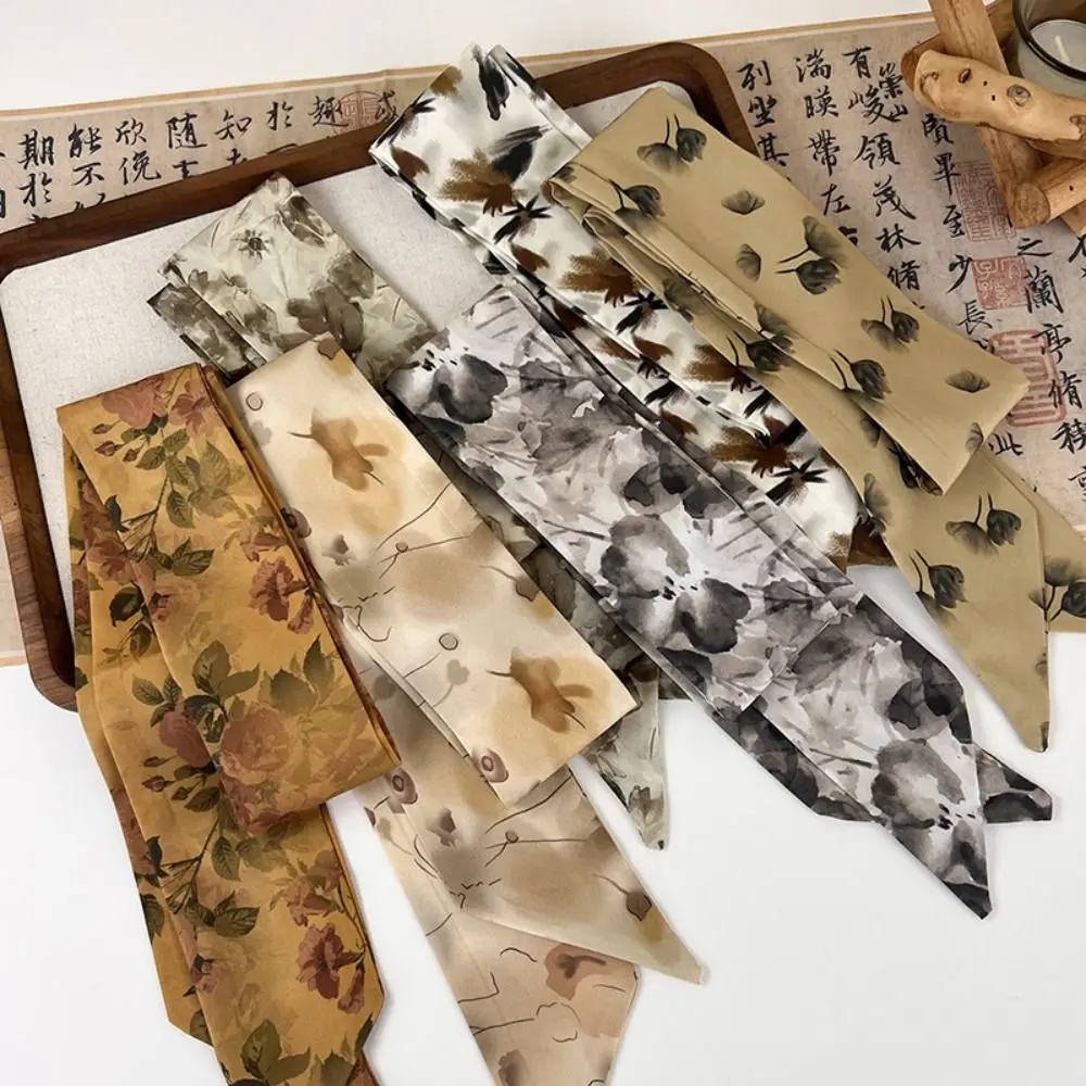 Ribbon Ink Painting Silk Scarf Chinese Style Hair Tie Long Ancient Hair Band Printed Scarf Headdress Long Silk Scarf Lady