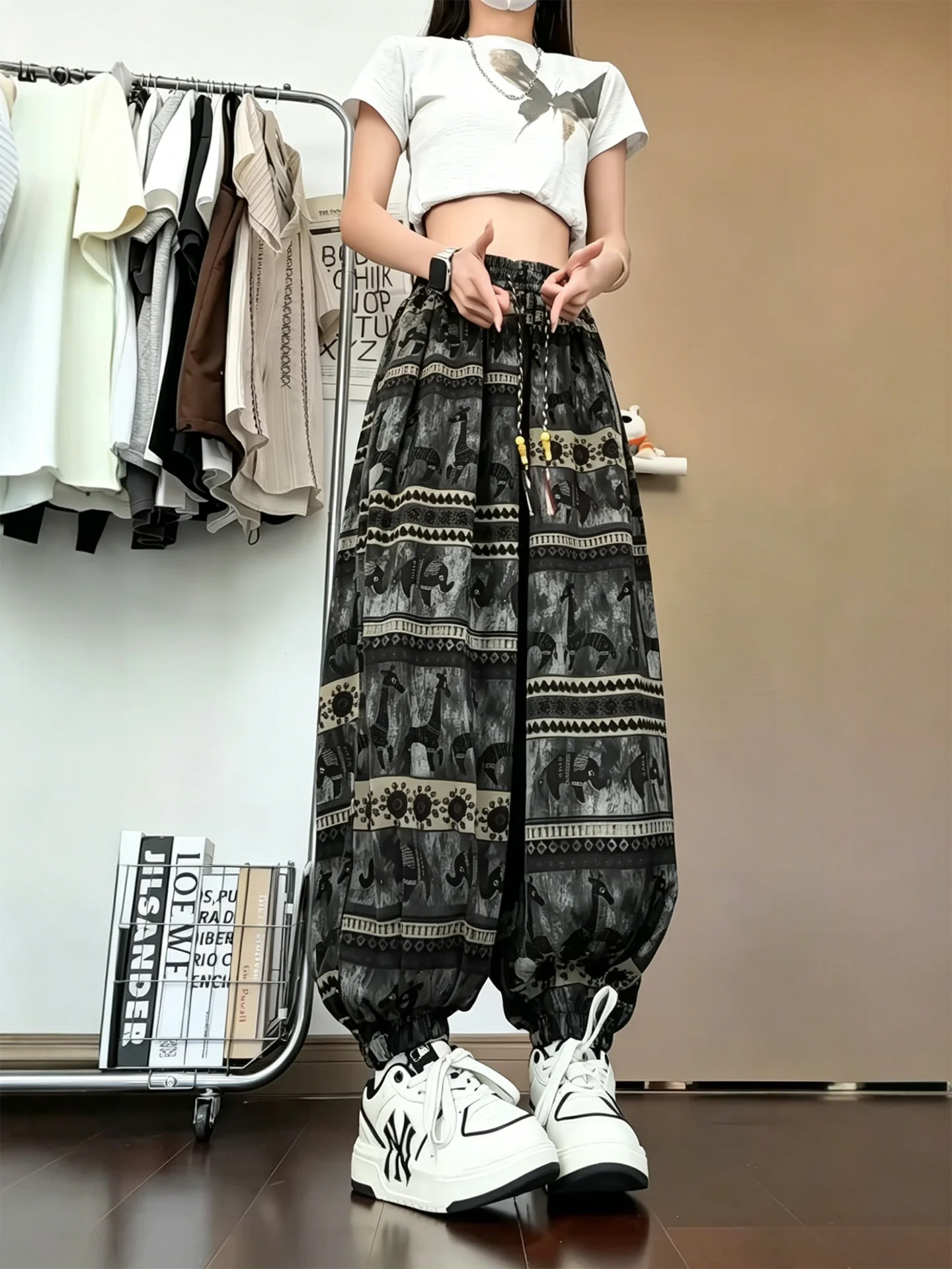 Ice Silk Wide Leg Harlan Pants Men Women Summer Thin Breathable Casual Trousers Chinese National Style Lantern Pants