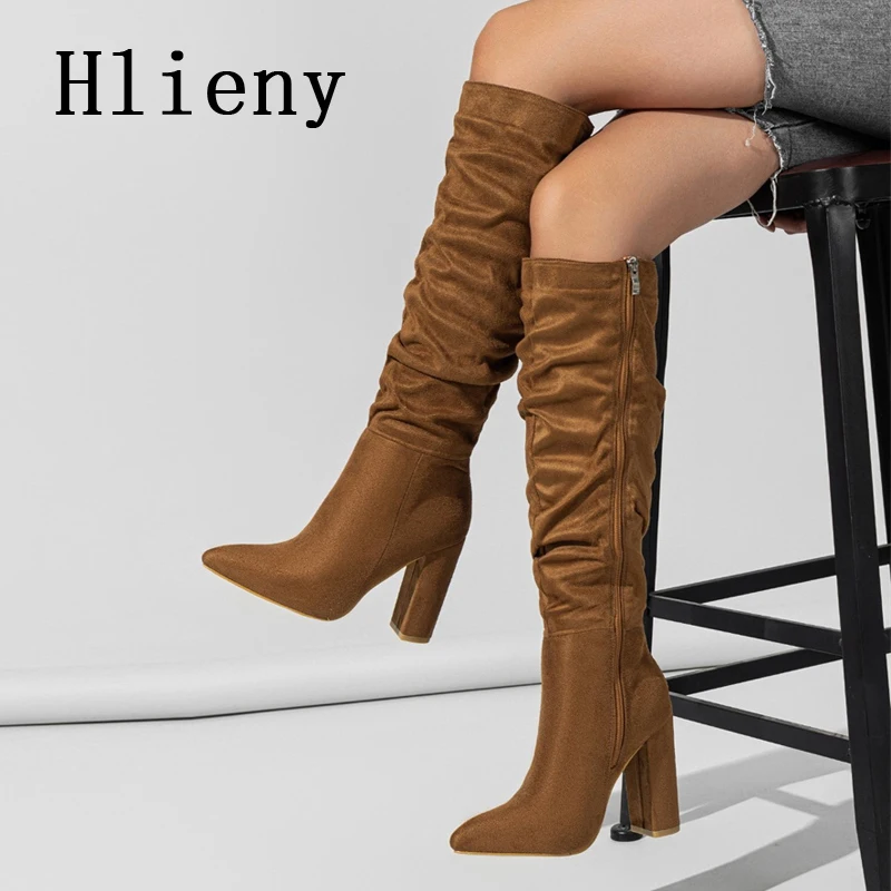 Hlieny Fashion Black Red Women Knee High Boots Sexy Pointed Toe Square High Heels Ladies Long Zipper Female Shoes Size 35-42