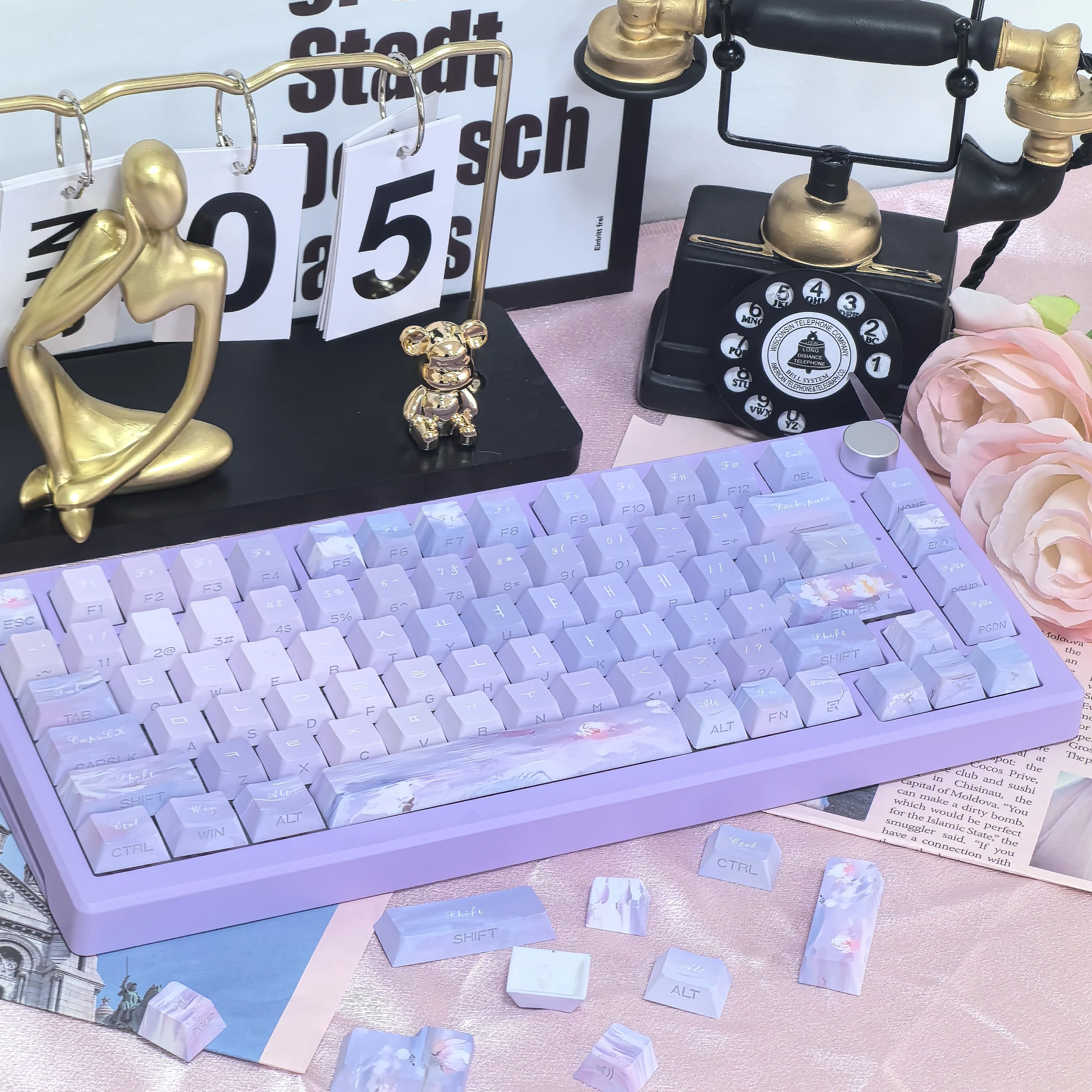 korean Purple Keycap 130Key Monet Dreamy Water Lily KR keycap Pbt Cherry Sublimation DIY Side-Engraved Translucent Hangul Keycap