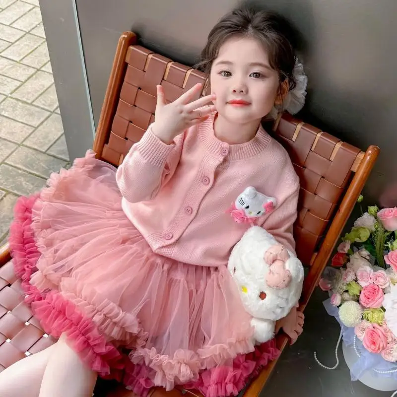 

Sanrio Hello Kitty Girl Sets Spring Fall Children Sweater Skirt Tops Yarn Skirt Princess Dress Kawaii Cartoon Fashion Clothing