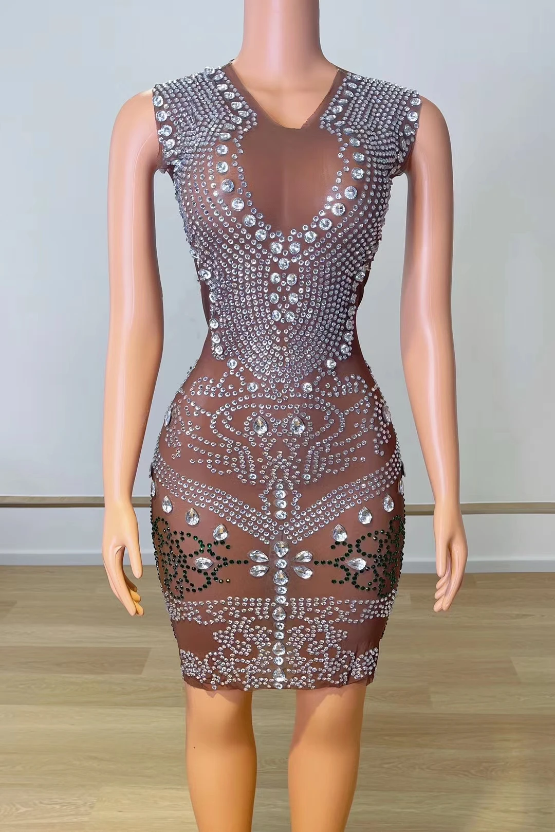 

Silver Crystals Birthday Sexy Brown DressEvening Celebrate Transparent Mesh Stage SeeThrough Performance Sleeveless Outfit A076