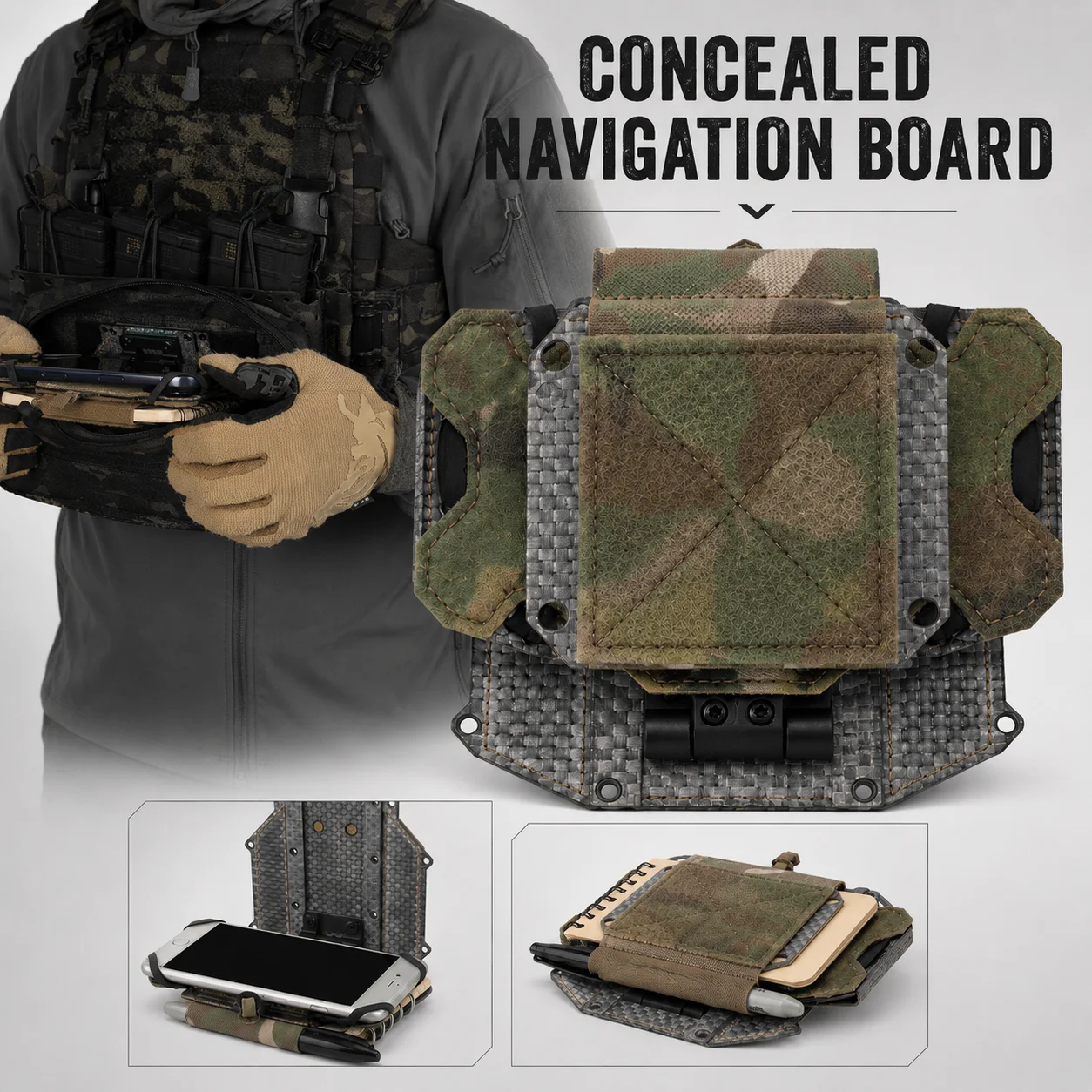 tactical-navigation-board-foldable-phone-admin-panel-elastic-straps-velcro-backing-removable-note-panel-for-vest-backpack-gear