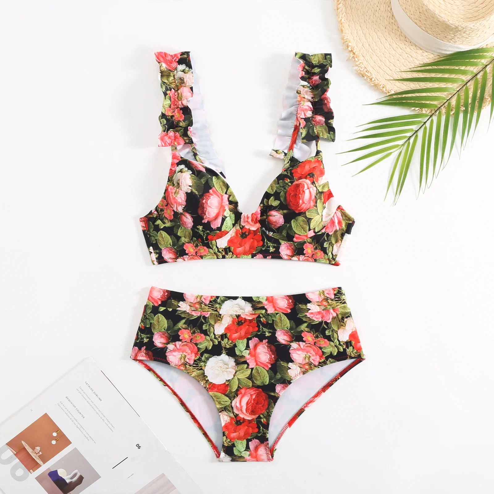 SUNSIREN-roupa de banho com estampa floral com alça, maiô de três peças, cintura baixa, ombro plissado, empurrar para cima, roupa de praia separada,