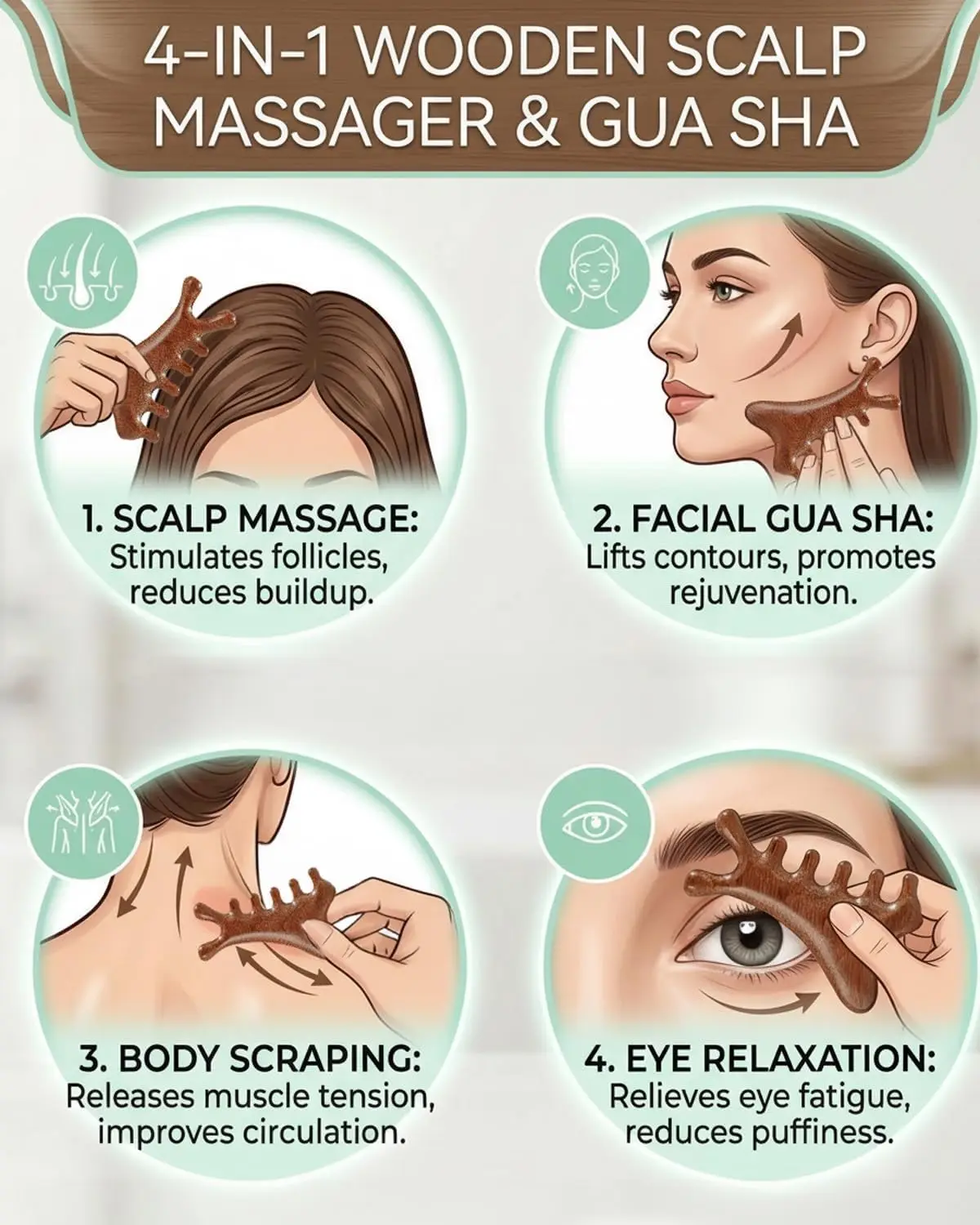 4-in-1 Sandelholz-Kamm für Gesichts- und Körper-Lymphdrainage, Modellierung und Kopfhautmassage, für Augen- und Nasenpflege, Gua-Sha-Gesichtswerkzeuge – Detail 3