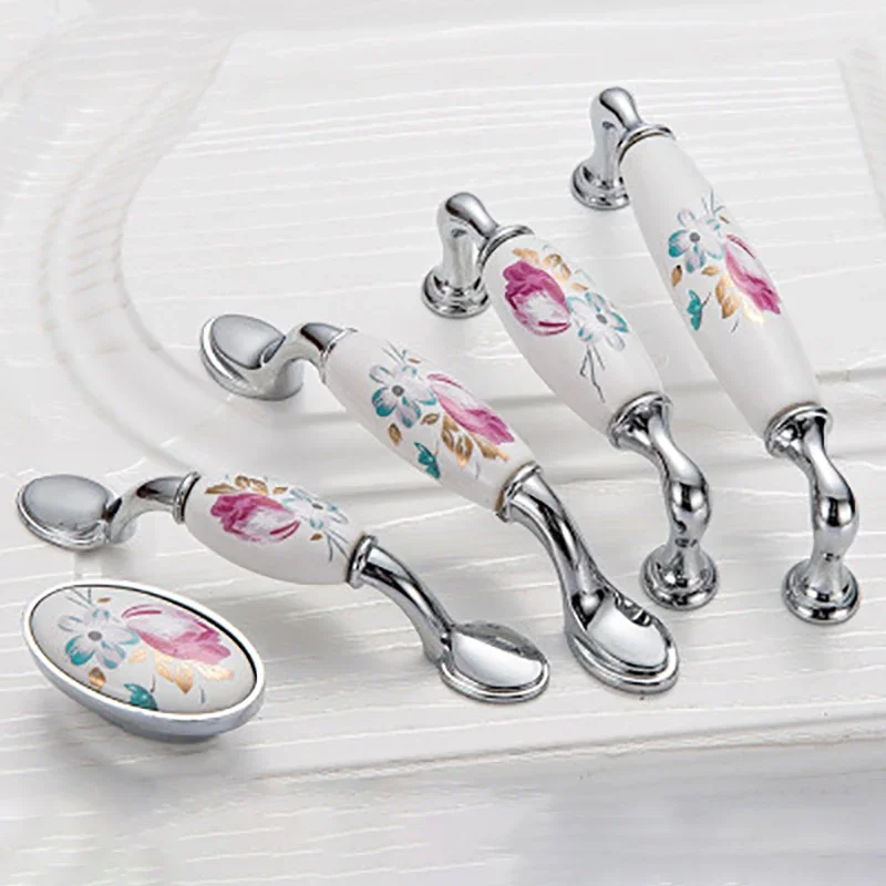 Tulip Ceramic Door Handle Silver Drawer Pulls Vintage Flower Cupboard Kitchen Cabinet Handles and Knobs Furniture Hardware