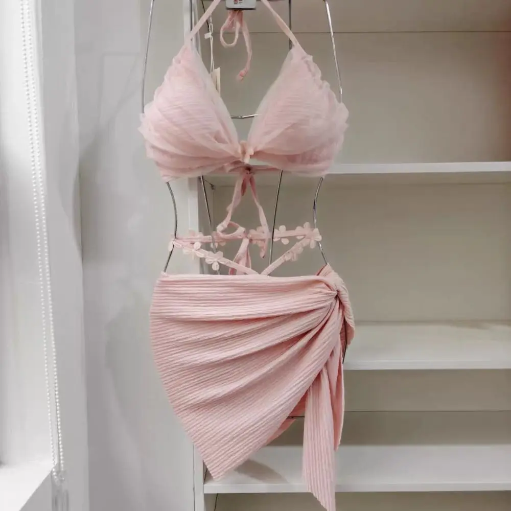 Neues ärmelloses Bikini-Set mit Schnürung, tiefem V-Ausschnitt, 3-teiliger Badeanzug, Strandkleidung, Netz-Badeanzug, Hot Spring – Detail 3