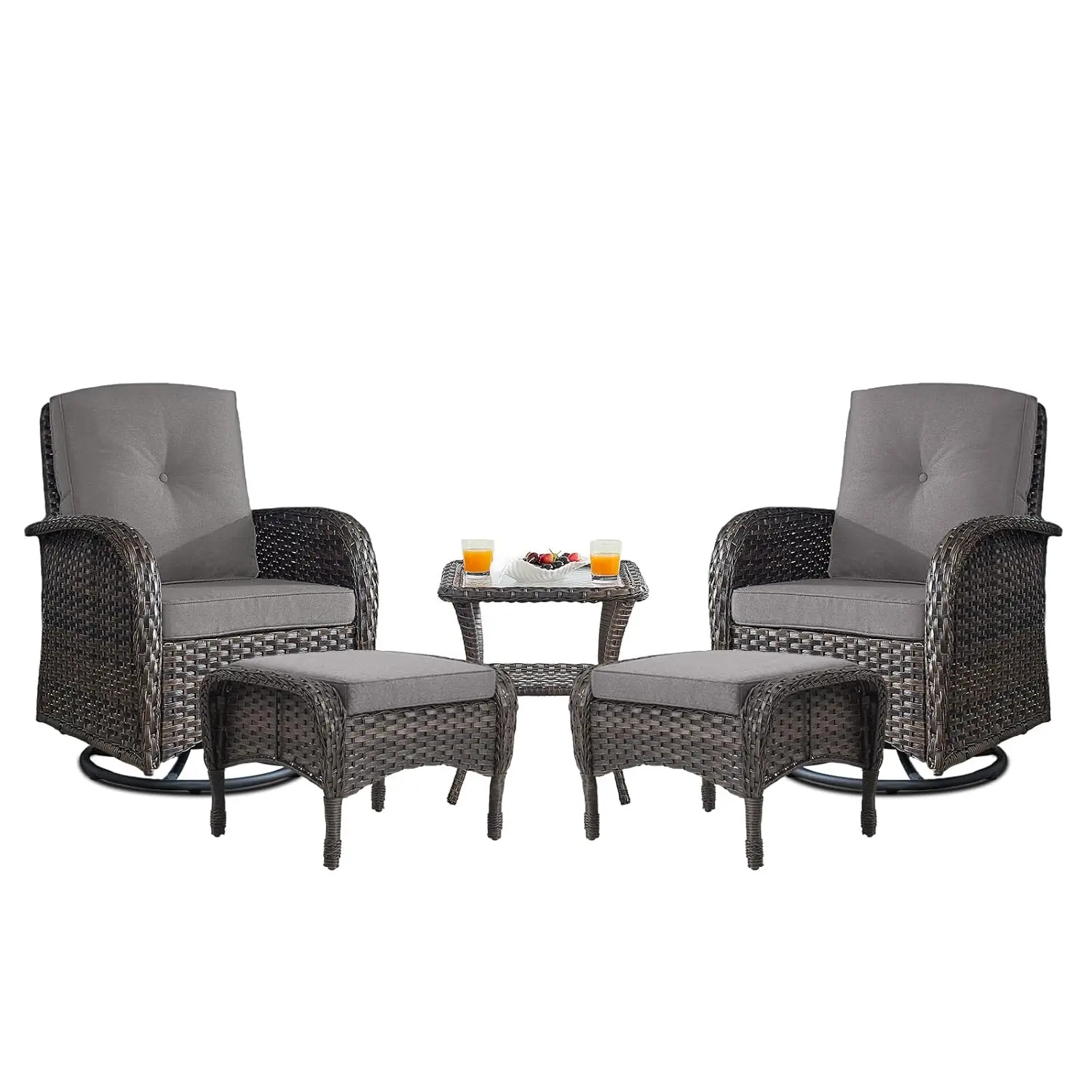 

5 Piece Small Swivel Rocker Wicker Conversation Set with Ottomans & Side Table for Patio Deck Backyard, Brown Grey, Customized