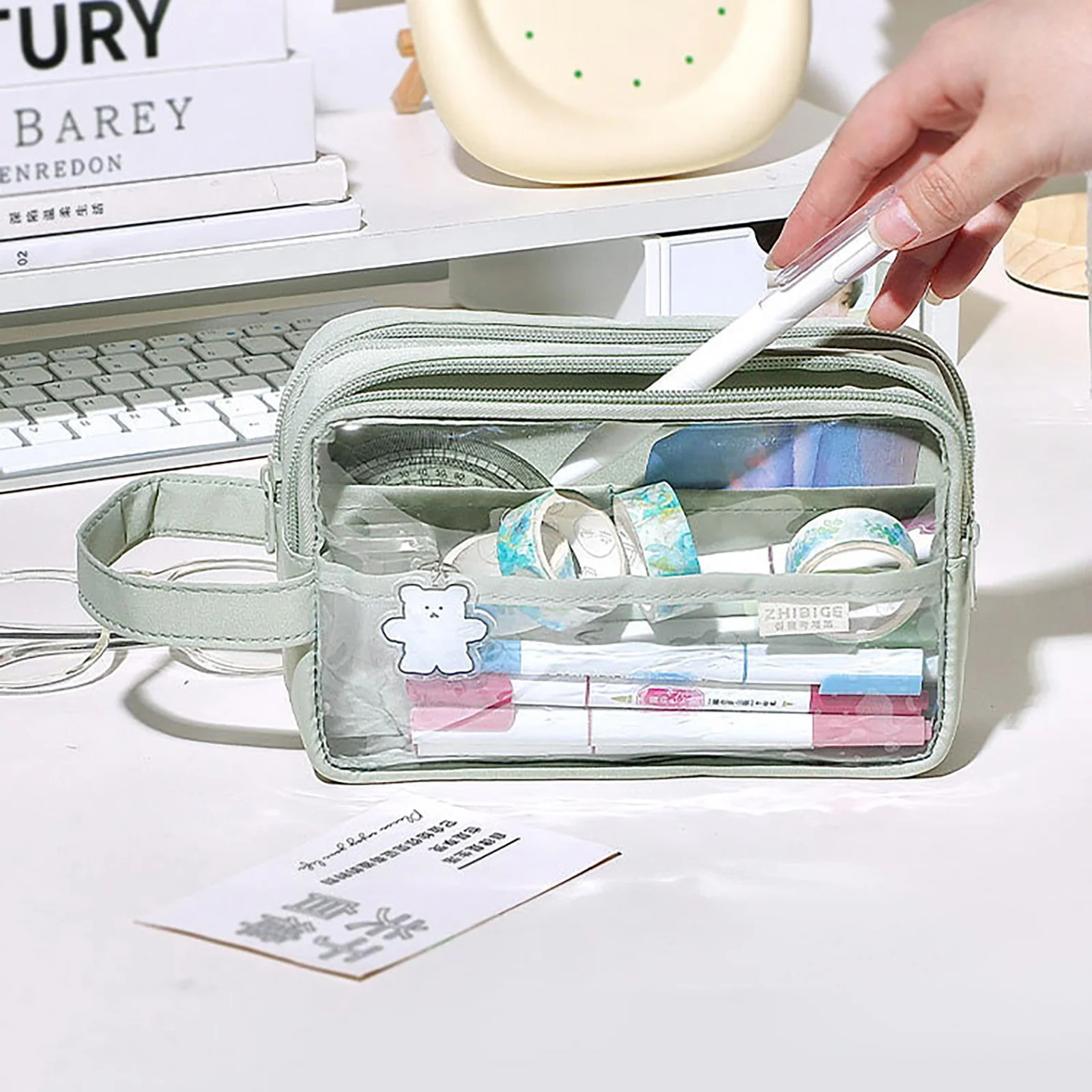 Clear Pencil Bag Kawaii Ita Bag Pencil Case with Handle,Portable Double Layer Pen Pouch for Students,Office