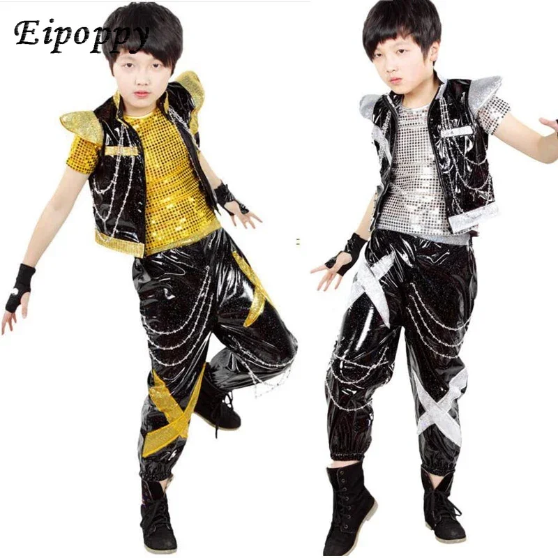 Srebrne ubrania dla dzieci z krótkim rękawem Hip Hop Show kostium Boy jazzowy kostium taniec nowoczesny