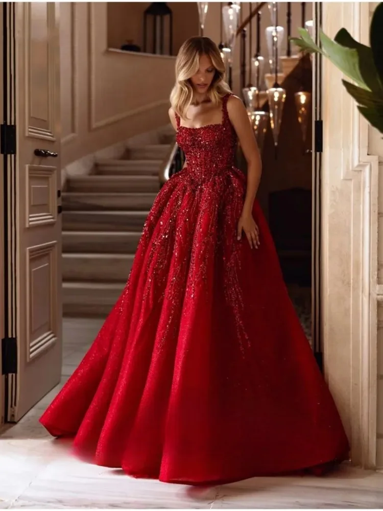 Fairy Square Collar Prom Dresses Spaghetti Straps Glitter Sequin Appliques Shiny Floor Length Formal Evening Party Gown