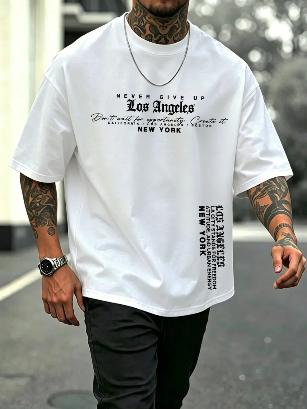 New American men's summer retro Los Angeles letter print micro elastic breathable round neck T-shirt outdoor street style top