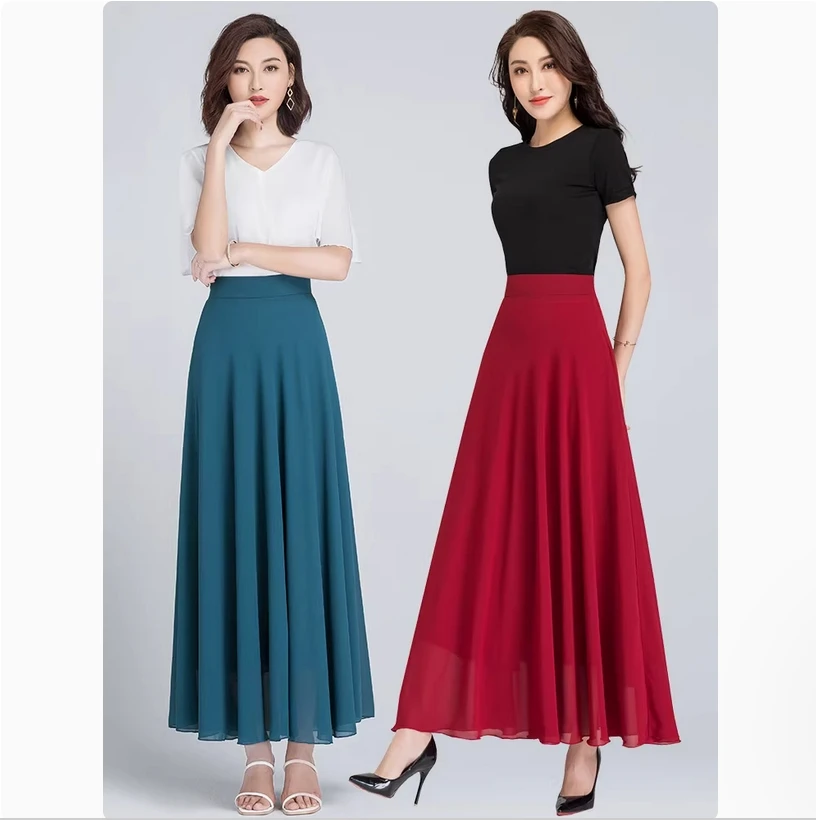 New Red Chiffon Half length Skirt for Women, Retro High Waist A-line Large Swing Skirt, Elegant Large Dance Dress