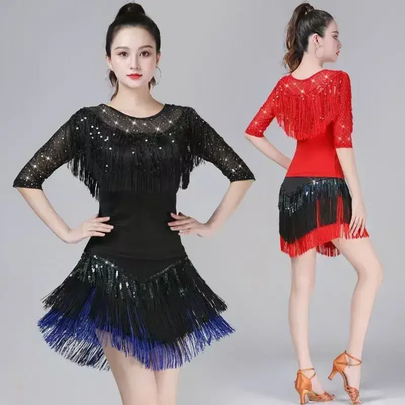 Latin Dance Clothes New Adult Women Tassel Short Skirt top Three-Step Step Dance Clothes Sequin Performance clothes Suit