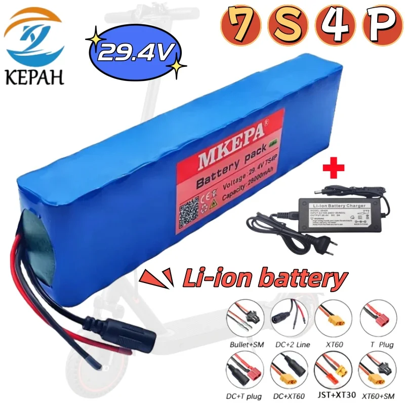 Batterie Lithium-ion 7S4P 24V 28Ah 18650, 25.2V 28000mAh, adaptée aux Batteries de vélo/scooter + chargeur 29.4V
