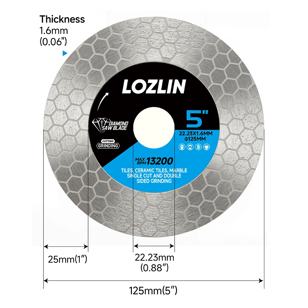 LOZLIN 3PCS 125mm Turbo Diamond Cutting Grinding Disc 5 Inch Double Sided Saw Blade for Angle Grinder Ceramic Tile Porcelain Granite Marble Quartz Stone Countertop Wet Dry Cutting Grinding Tile Trimming Edge Finishing Cutting