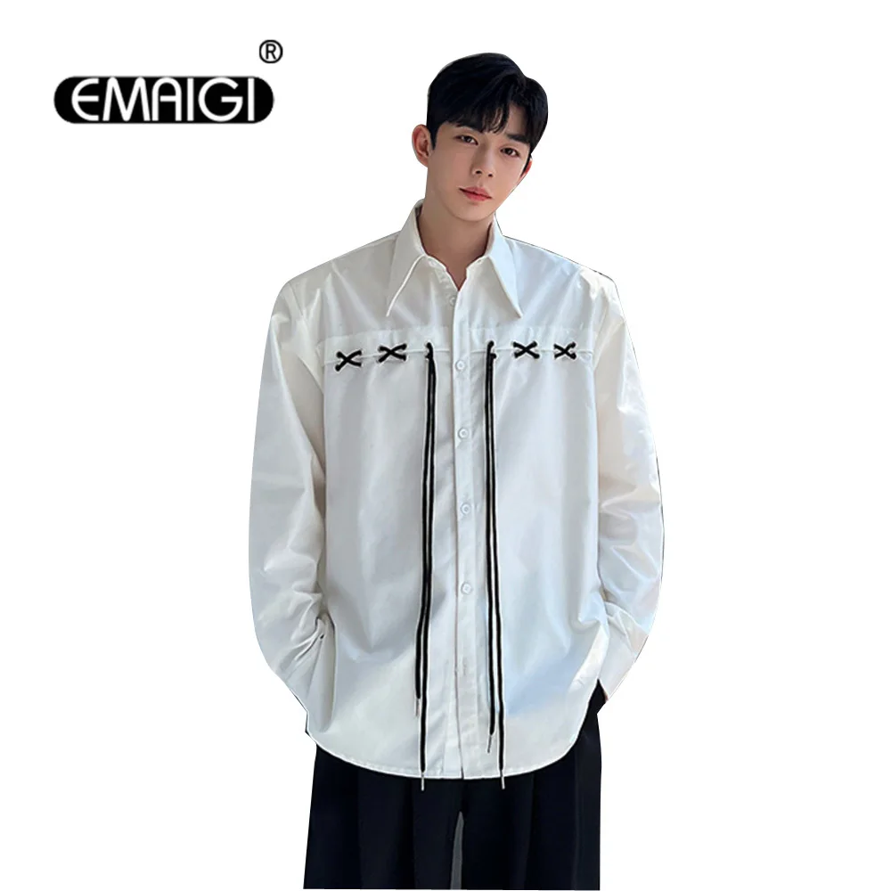 

Shirt Men Bandage Long Sleeve Loose Casual Shirts Japan Korean Fashion Oversize Party Dress Shirts Blouse Male Stage Clothing