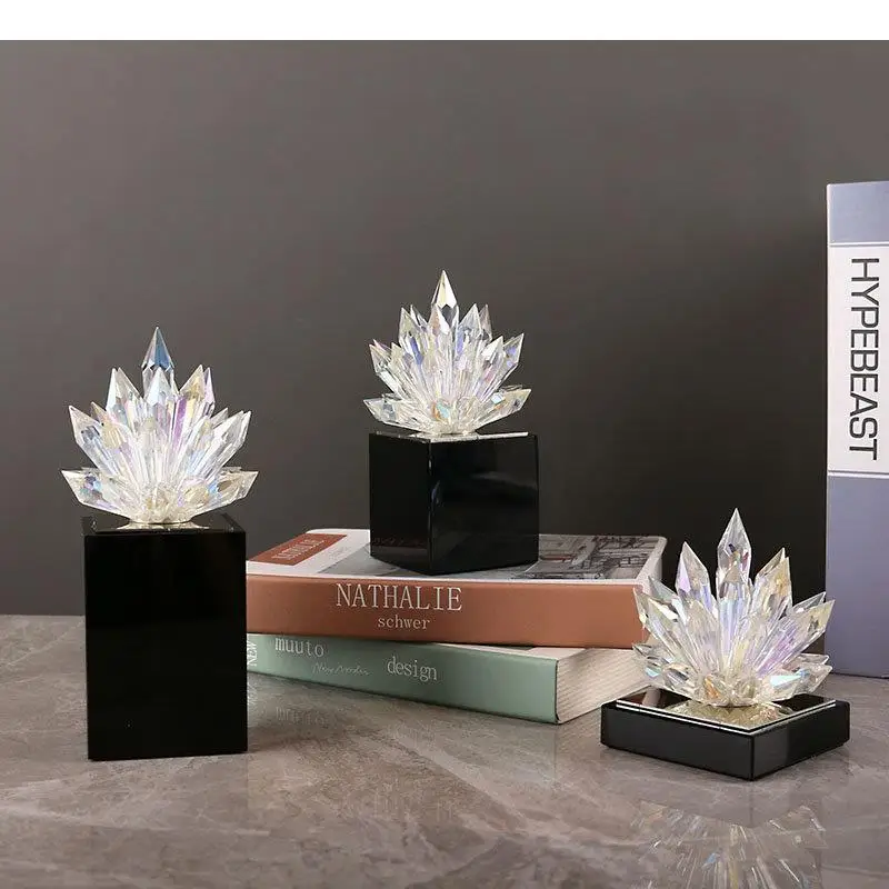 Transparent Crystal Flower Artwork Ornaments Desk Decoration Black Base Sculpture Crafts Room Aesthetics Decor