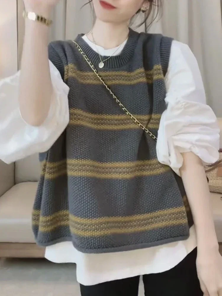 Koreański styl 2025 wiosna jesień damska dzianinowa kamizelka luźna w paski casualowa uniwersalna wyszczuplająca stylowa swobodna kamizelka młodzieżowa