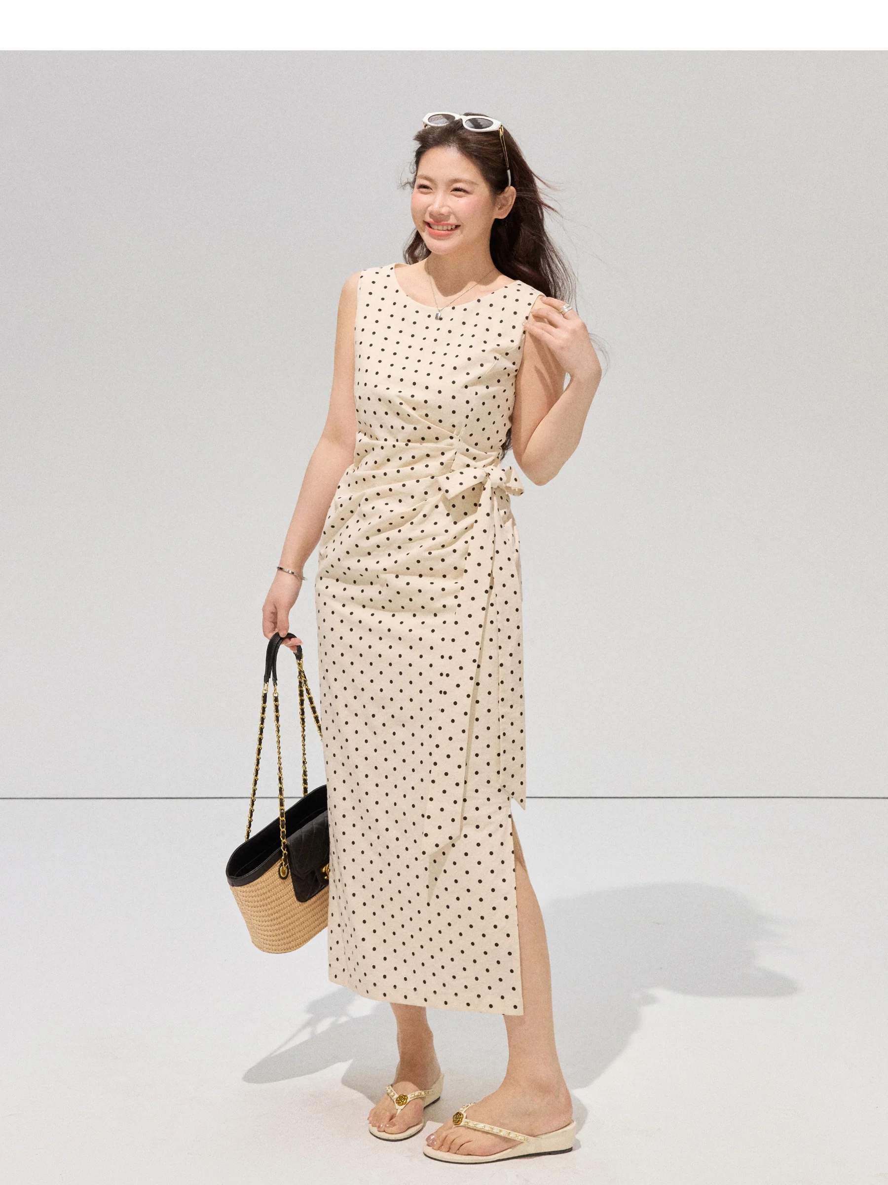 

Large Size Polka Dot Effect Pleated Slimming Split Dr for Plump Women Commute Sle Vintage Cotton Linen A-Line Skirt