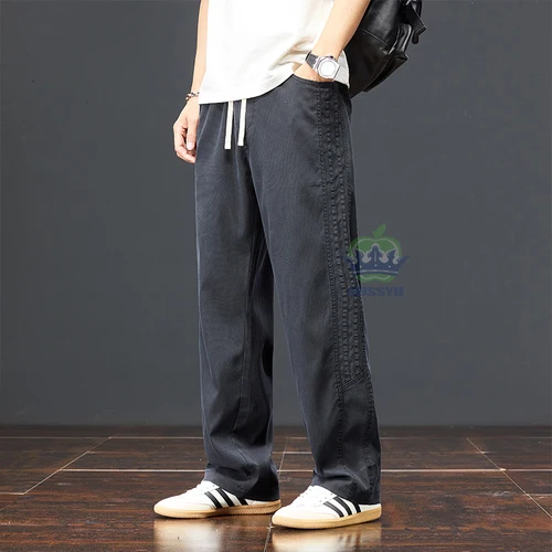 Imagen 2 del producto Pantalones de tela Lyocell suave de otoño para hombre, pantalones holgados rectos de pierna ancha, cintura elástica y2k, pantalones informales para correr de talla grande 5XL