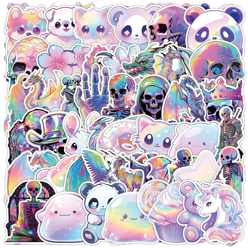 Holographic Laser Skull Cartoon Adesivos, decalques legais, laptop, telefone, bagagem, decoração da mala, brinquedos para crianças, 10 pcs, 30 pcs, 50pcs