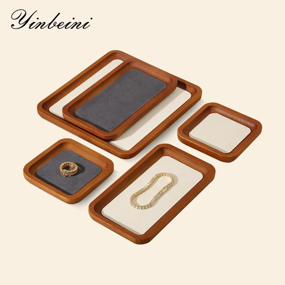 YinBeiNi Solid Wood Jewelry Tray with Microfiber Ring Bracelet Bangle Necklace Display Prop Jewelry Storage Pallet for Shop Show