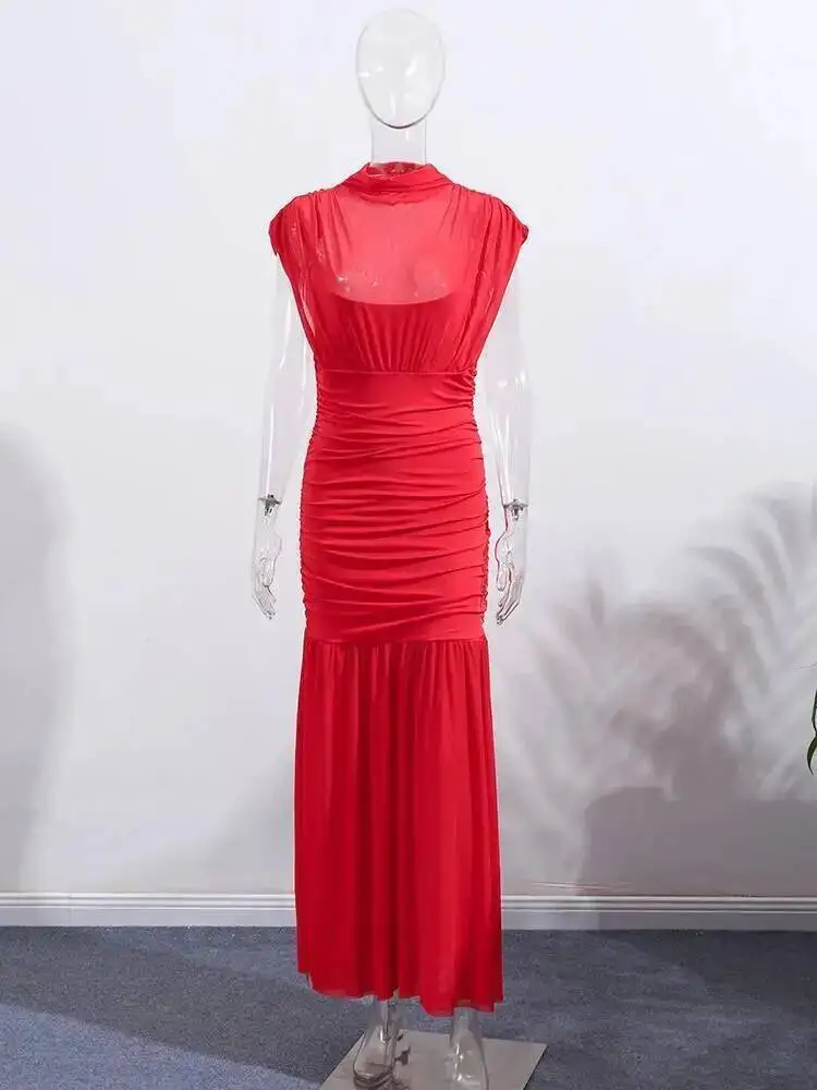 فساتين طويلة أنيقة للحفلات المسائية بطيات حمراء أنيقة وأكمام طويلة شبكية مرقعة فستان نسائي صيفي لقضاء العطلات على الشاطئ