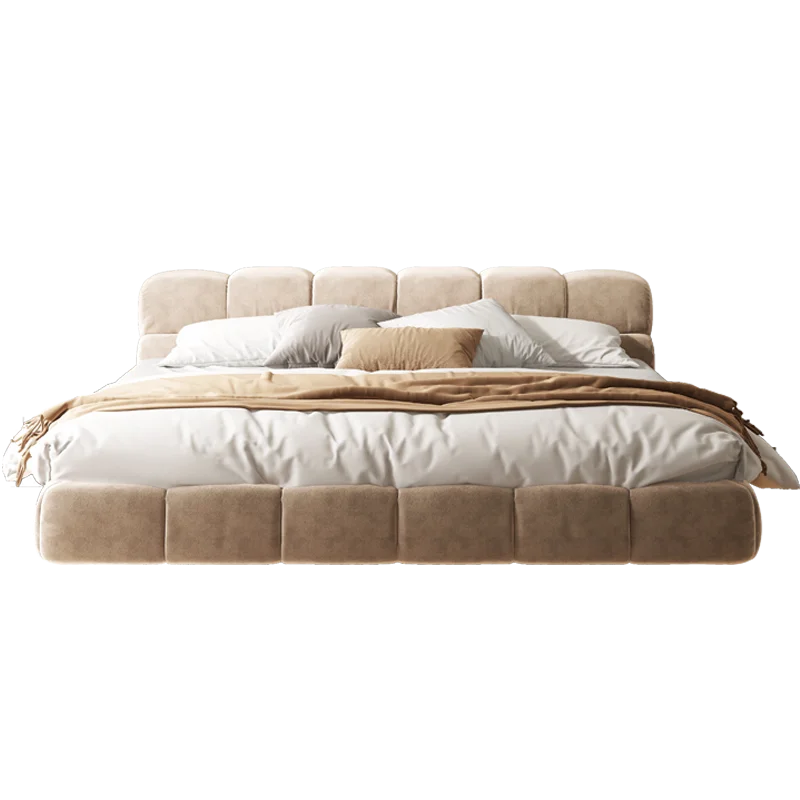 Puff bed, floating bed, light luxury induction lamp, technology fabric, master bedroom fabric, cream bed