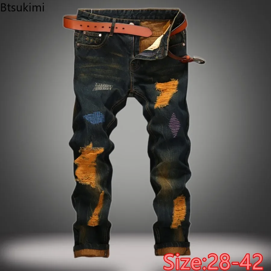 

2025 Men's Straight Jeans Fashion Hole High Street Pants Men Slim Classic Vintage Casual Denim Trousers Party Hip Hop Pants Male