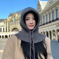 Winter Balaclava Hats For Women Unisex Knitted Hooded Caps Outdoor Warmer Drawstring Hat One-Piece Neck Collar Beanies Caps