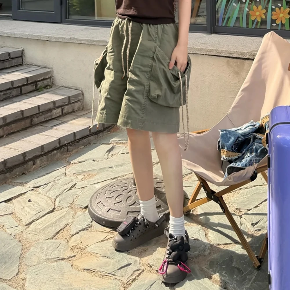 100% algodão bolso decoração shorts femininos y2k cordão cinto retro lavado commuter versátil calças de cinco pontos 2025 outono