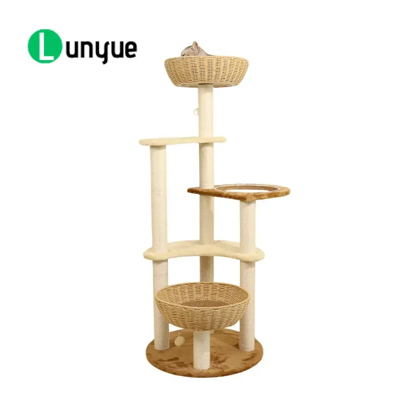 Cat Climbing Frame Solid Wood Sisal Post 3D Cat Nest Space Saving Small Apartment Furniture Natural Woven Scratching Tower