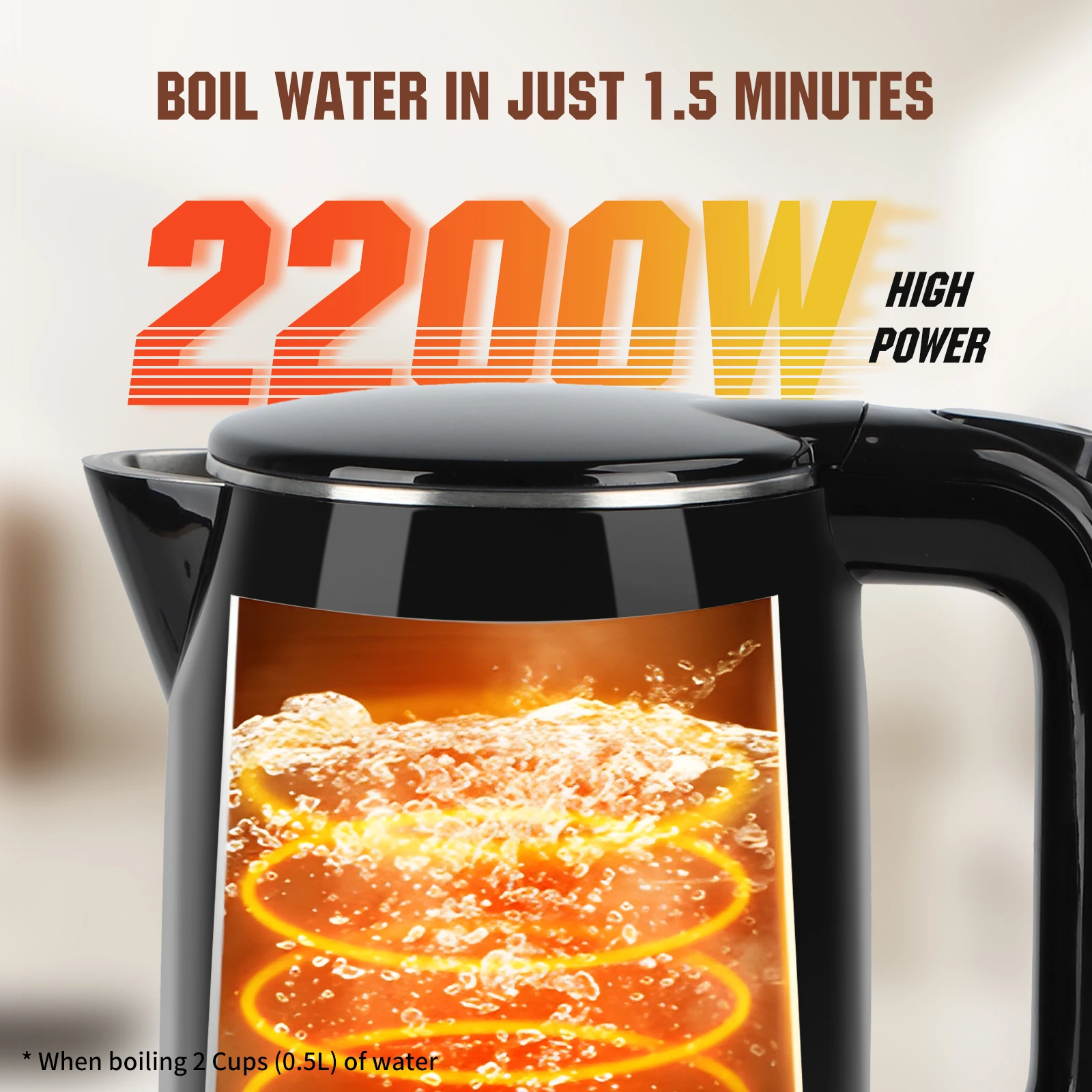 غلاية ستانلس ستيل 1.7 لتر مع مؤشر مستوى الماء، تسخين سريع 4 دقائق حتى 100 ° ج، غلاية كهربائية سوداء