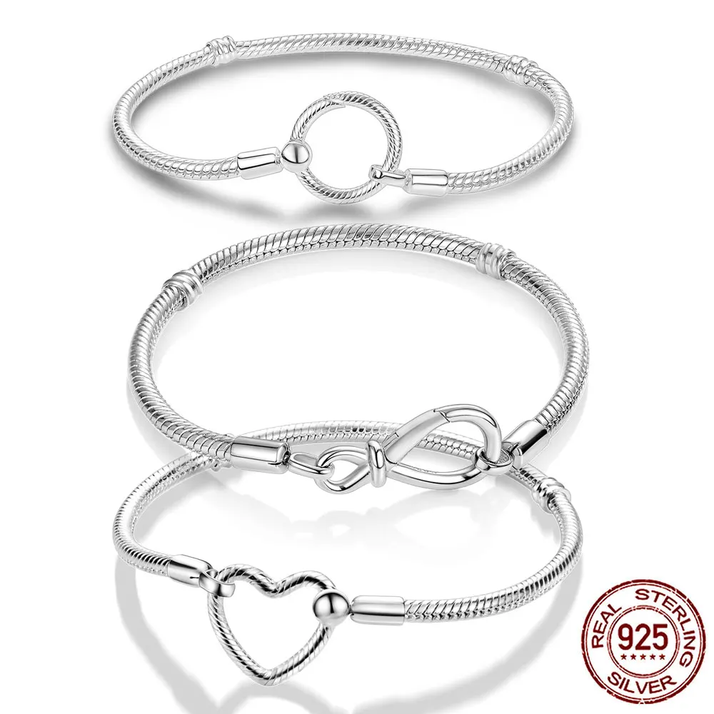 Trendy Femme Bracelet 925 Silver Moments Heart Closure Snake Chain Bracelet for Women Pulseras Mujer Jewelry Making