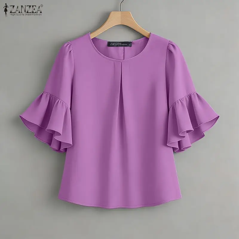 

2026 ZANZEA Summer Blouse Women Elegant Short Ruffled Sleeve Work Tops Casual Solid Color Pleated Work Shirt Female Tunic Mujer