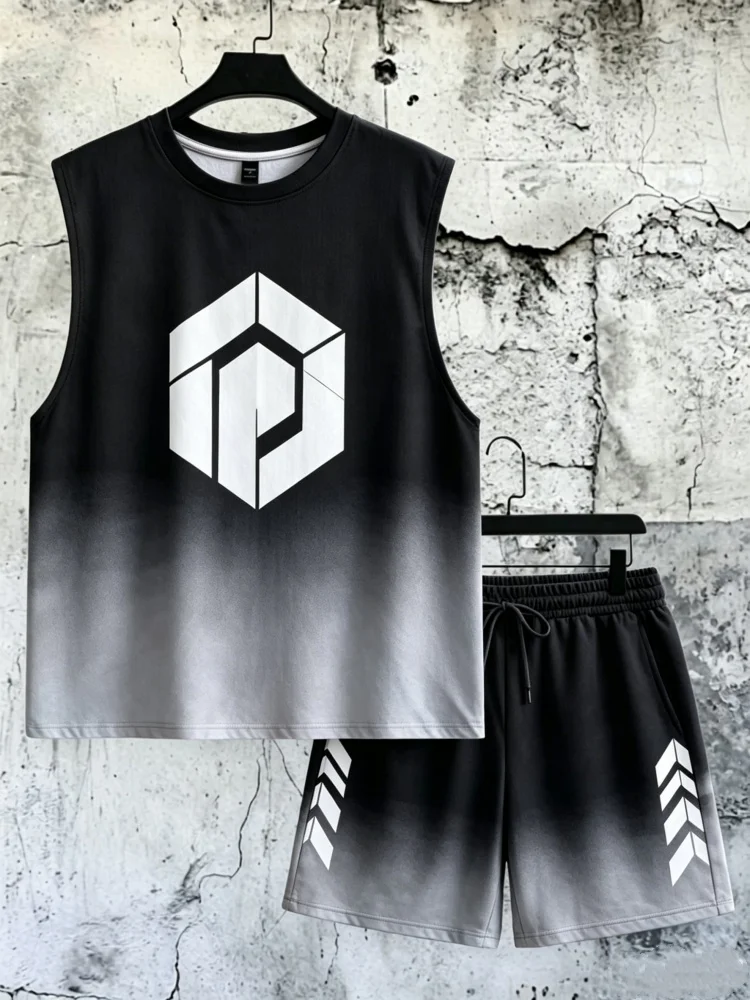 Men's Gradient Geometric Print Sleeveless Tank & Shorts Set, Loose Comfort Sports Outfit