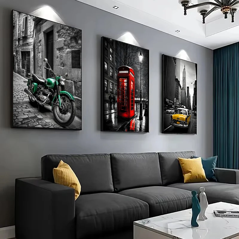 Modern Black and White Building Landscape Motorcycle Taxi Car Wall Art Canvas Painting London Poster Prints Pictures Home Decor