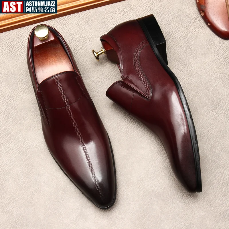 

Luxury Italian Pointed Toe New Mens Dress Loafers Genuine Leather Brand Designer Elegant Slip on Black Wedding Social Shoes Man