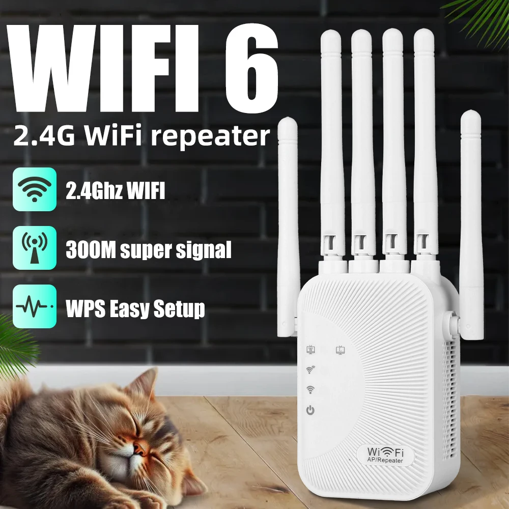 

Удлинитель Wi-Fi 300 Мбит/с, 2,4 ГГц, с 4 антеннами, 360° ° Полное покрытие для устройств 35+, портов Ethernet и установки с 1 касанием — повышающий сигнал