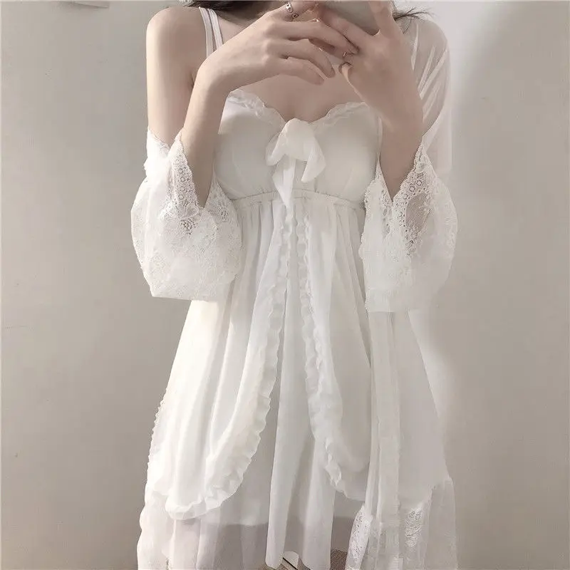 Robe Nightgown Sets Women Sexy All-match Summer Sweet Sleepwear Seductive Tender Soft Lounge Wear Lace Trendy Bow Ulzzang New