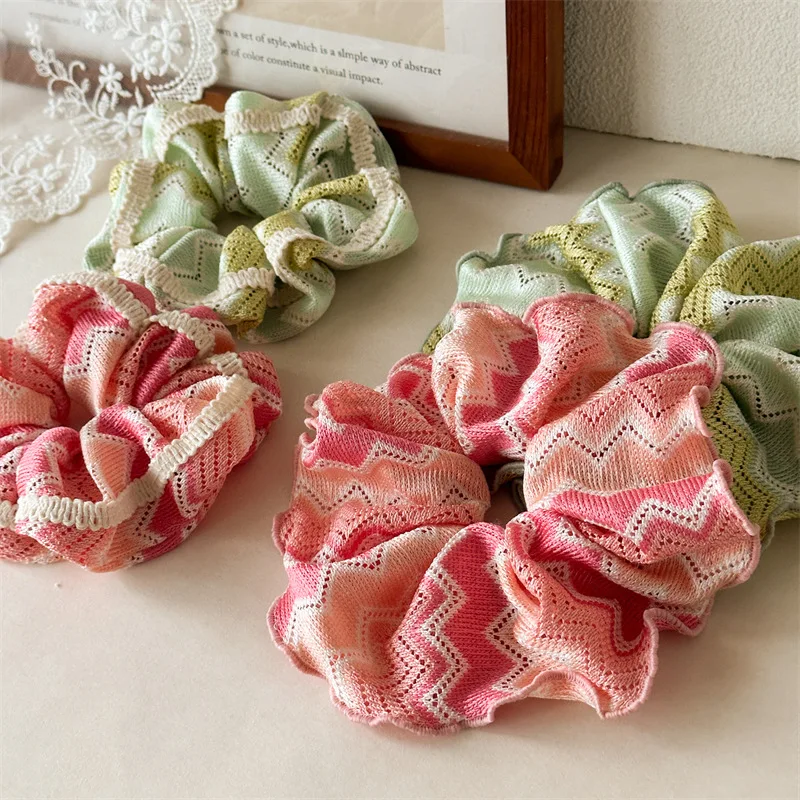 Hollow-out Striped Fabric Hairband for Women Large Size Lace Embossed Ponytail Scrunchy Hair Accessory