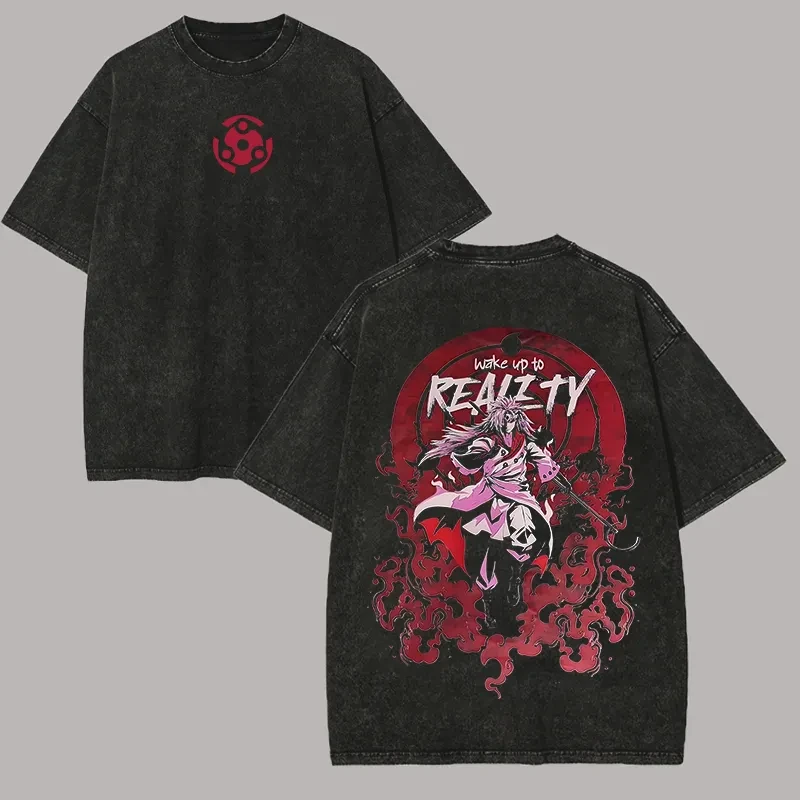 Camiseta Naruto Madara Reality Rinnegan Vintage Acid Wash Streetwear Oversized Retro Anime Graphic para Hombre, Ropa de Algodón
